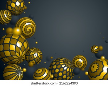 Abstract golden spheres vector background, composition of flying balls decorated with patterns of shiny gold, 3D mixed variety realistic globes with ornaments, with blank copy space.