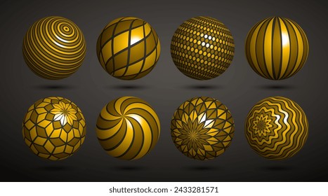 Abstract golden spheres vector set, collection of balls decorated with patterns, 3D mixed variety realistic globes with ornaments collection.