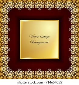 Abstract golden square lace frame with paper swirls, vector ornamental background