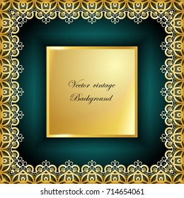 Abstract golden square lace frame with paper swirls, vector ornamental background