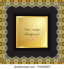 Abstract golden square lace frame with paper swirls, vector ornamental background
