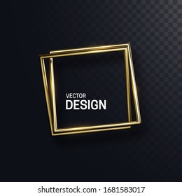 Abstract golden square shapes. Vector 3d illustration. Shiny elegant frame isolated on black transparent background. Jewelry concept. Glossy frame design. Realistic metallic object. Decoration element