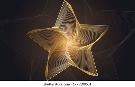 Abstract golden star shape from lines on black background. Luxury black gold vector 3d illustration.