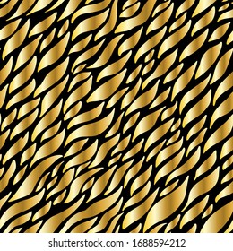 Abstract golden stroke seamless pattern. Vector illustration of flutter flying leaves. Doodle wavy floral background. EPS 10