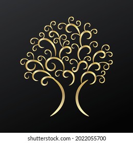 Abstract golden stylized tree on black background, vector
