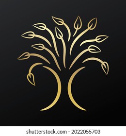 Abstract golden stylized tree on black background, vector
