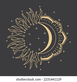 Abstract golden sun and crescent moon silhouette for decoration design. Vector drawing in thin line style.