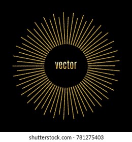 Abstract golden sunburst on black background. Vintage sun burst design element and place for your text. Geometric shape, light ray. Vector illustration.