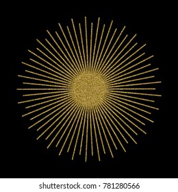 Abstract golden sunburst on black background. Vintage sun burst design element. Geometric shape, light ray. Vector illustration.