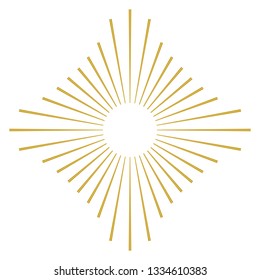 Abstract golden sunburst on white background. Vintage sun burst design element. Geometric shape, light ray.