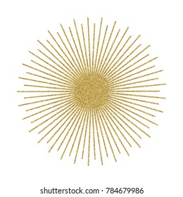 Abstract golden sunburst on white background. Vintage sun burst design element. Geometric shape, light ray. Vector illustration.