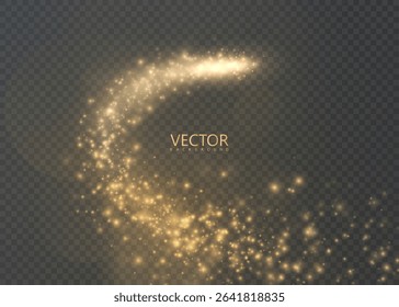 Abstract golden swirl of light with particles and soft glow on transparent background. Dynamic effect of sparks and shining flow in the form of swirling movement.