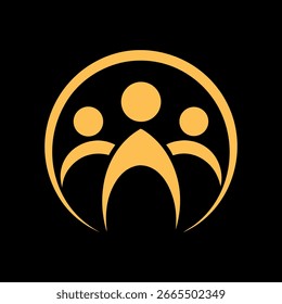 Abstract golden symbol representing three stylized figures within a circle, conveying unity, community, and connection on a black background.
