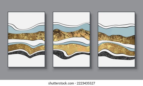 Abstract golden texture art patterns, posters, murals, prints. Watercolor hand painted background. Color and art triptych. Vector diagram.