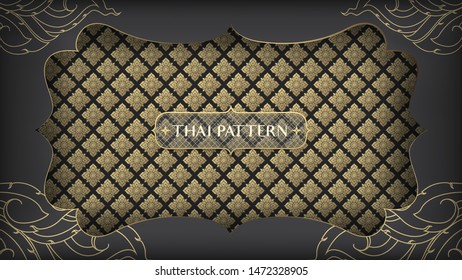 Abstract golden Thai floral pattern under black ripped paper frame.