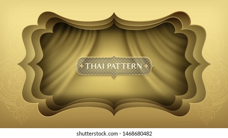Abstract golden three layers of ripped paper art stripes plus golden curtain background. Central frame is removable for text.