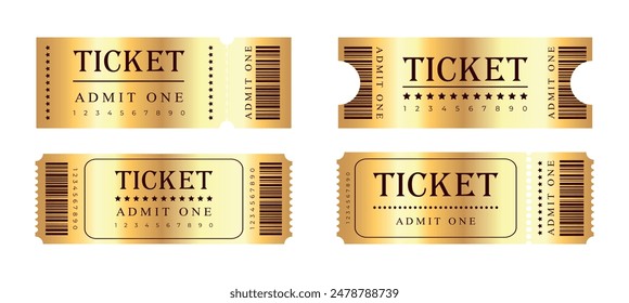 Abstrakte goldene Tickets Vorlagen auf weißem Hintergrund. Festival, Kino, Theater, Konzert, Casino, Zirkus, Veranstaltung Golden Tickets mit Barcode, Frontansicht. Vektorillustration