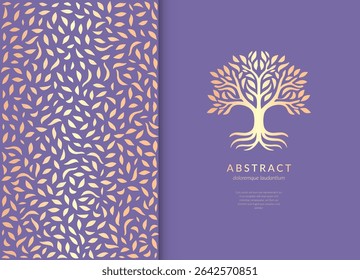 Abstraktes goldenes Baumemblem auf Lavendelhintergrund. Moderne Illustration. Isolierter Vektor. Ideal für Logo, Monogramm, Einladung, Flyer, Menü, Broschüre oder jede gewünschte Idee.