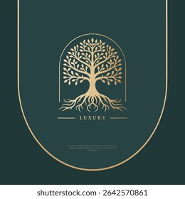 Abstrato emblema da árvore dourada sobre um fundo verde escuro. Ilustração moderna. Vetor isolado. Ótimo para logotipo, monograma, convite, folheto, menu, brochura ou qualquer ideia desejada.