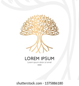 Abstract Golden Tree Logo On A White Background. Modern Illustration. Isolated Vector. Great For Emblem, Monogram, Invitation, Flyer, Menu, Brochure Or Any Desired Idea.