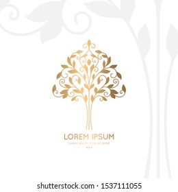 Abstract golden tree logo on a white background. Modern illustration. Isolated vector. Great for emblem, monogram, invitation, flyer, menu, brochure or any desired idea.