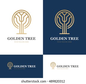 Abstract golden tree logo of round shape on blue background