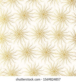 Abstract golden tree root  seamless pattern. Gold christmas snowflakes background. Vector isolated timber texture for textile. Natural wrapping paper design.