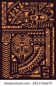 Abstract golden tribal ornament. Aztec symbols, african elements on print, pattern. Ornamental wall art, poster in ancient style. Monochrome background with ethnic shapes. Flat vector illustration