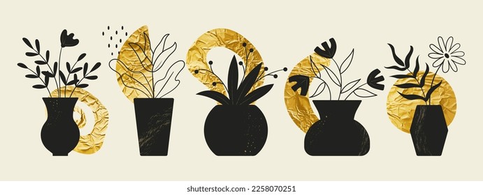 Abstract golden vases, gold art. Antique texture pots with plants, ancient ceramic decoration print, foil texture. Cartoon bouquets in interior pots. Vector botanical minimal utter design