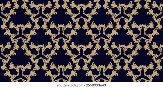 Abstract golden vector background with curly shapes, swirls, floral elements. Luxury damask seamless pattern. Ornament texture in baroque, rococo, renaissance style. Repeating gold and black design