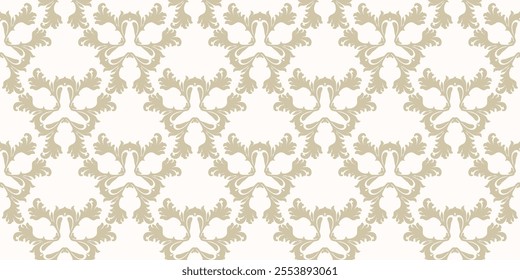 Abstract golden vector background with curly shapes, swirls, floral elements. Elegant damask seamless pattern. Ornament texture in baroque, rococo, renaissance style. Repeated gold and white design