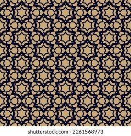 Resumen del patrón de acero geométrico vectorial dorado. Ornamento tradicional oriental con estrellas, malla, rejilla, entramado, siluetas de flores. Sencillo fondo negro y dorado de lujo. Elegante diseño geo repetido