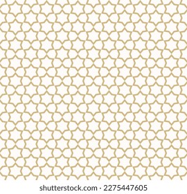 Abstract golden vector geometric seamless pattern. Traditional oriental ornament with outline stars, mesh, grid, flower silhouettes. Simple luxury gold and white background. Elegant repeat geo design