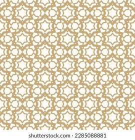 Abstract golden vector geometric seamless pattern. Traditional oriental ornament with stars, mesh, grid, lattice, flower silhouettes. Simple luxury gold and white background. Elegant repeat geo design