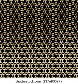 Abstract golden vector geometric seamless pattern. Traditional oriental ornament with outline stars, mesh, grid, flower silhouettes. Elegant repeat geo design.
