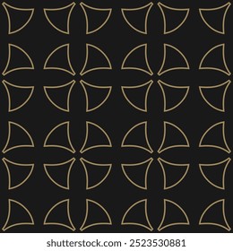 Abstract golden vector geometric seamless pattern in gothic style. Luxury gold and black ornament texture with curved shapes, rounded crosses, tiles. Simple background design with medieval motifs