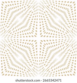 Abstract golden vector geometric seamless pattern with diagonal stripes, intersecting lines, rays, grid, lattice. Simple gold and white background. Optical art texture. Repeating geo design for print