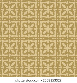 Abstract golden vector seamless pattern. Simple floral geometric ornament with ethnic folk motif. Retro vintage background texture with flower silhouettes, organic shapes, tiles. Gold repeated design