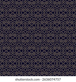 Abstract golden vector seamless pattern in oriental style. Elegant curved mesh, grid, lattice, thin lines. Luxury geometric ornament. Black and gold background texture. Endless repeating geo design