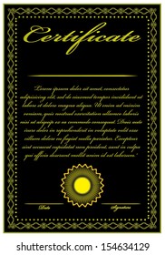 Abstract golden vintage style certificate on black background. Golden text, stamp and border for certificate vector. Isolated easy to edit vector design.