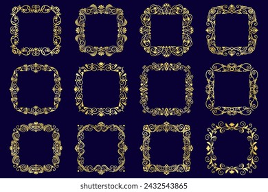 Abstract golden vintage vector frames set. Collection of shining elegant and luxury golden borders.