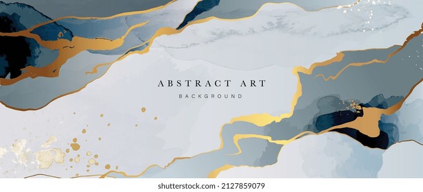 Abstract golden watercolor background. Luxury wallpaper with dark blue and grey in cool tone color. Premium design with gold shades and drops for banner, covers, wall art, home decor and invitation.