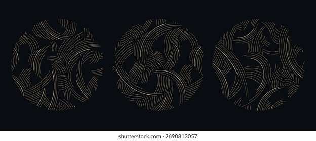 Abstract golden wave circle patterns, elegant Chinese and Japanese geometric lines and soft flowing textures. Luxury packaging, menu design, logos, and modern oriental backgrounds.
