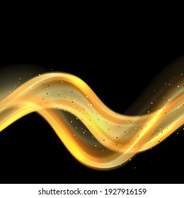 Abstraktes goldenes Wellendesign-Element mit goldenem Glitter-Effekt auf schwarzem Hintergrund.Goldwellenfluss