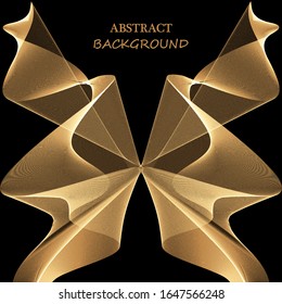 Abstract golden wave element in the form of a butterfly on a black background. Abstract vector background, transparent wavy lines for brochure, website, flyer design. Golden smoke wave.