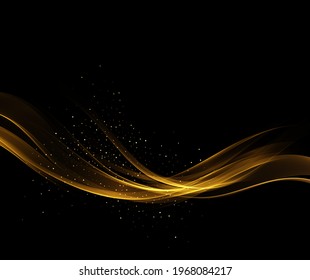 Abstract golden wave flow with golden glitter confetti on black background