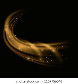 Abstract golden wave. Gold light effect. Imitation of spray, wind, vortex and blizzard. Futuristic glowing background