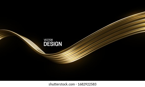 Abstract Golden Wave Isolated On Black Background. Vector 3d Illustration. Golden Wires Stream. Luxury Flowing Shape. Smooth Liquid Object. Minimal Decoration Element For Design