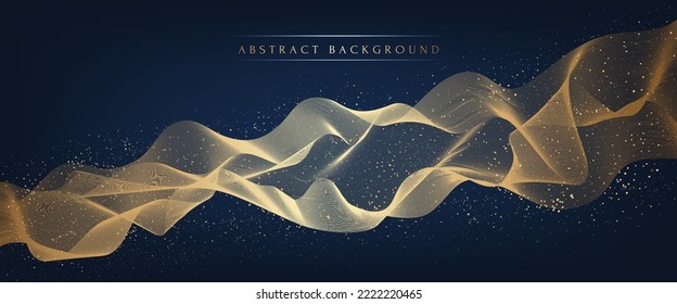 Abstract golden wave lines flowing stripes design. Illustration of soft curvy shapes blended mesh isolated on blue background. Decorative dynamic vector backdrop for wallpaper, cover, wrapper