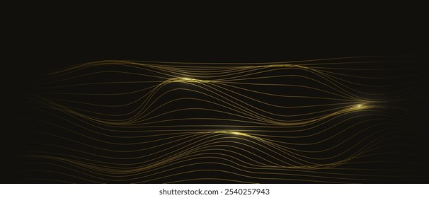 Abstract golden wave lines flowing on dark background. Vector. 